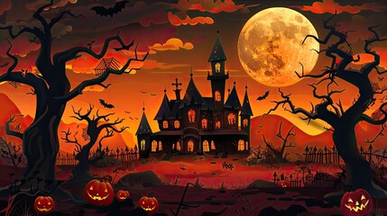 Halloween banner. halloween night background. creepy cartoon with a haunted mansion, scary trees, pumpkin faces, a full moon and bats in the air