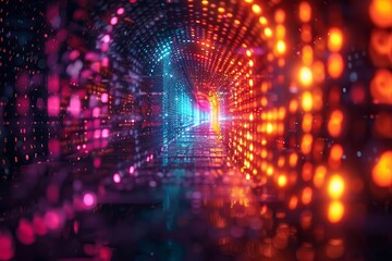 Poster - A cascade of ones and zeros morphing into a high-tech combination lock, set against a vibrant array of psychedelic hues, representing strong online security