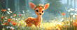 Playful and charming illustration of a cartoon deer with a floral crown, standing happily in a blooming meadow, perfect for childrens media.