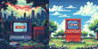 You win game screen pixel art vector concepts. Arcade machine 8 bit landscape trees grass sky clouds cityscape horizon victory scene illustrations