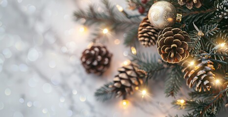  Christmas tree with pine cones and lights on light background with copy space, banner for holiday party or Christmas card Generative AI