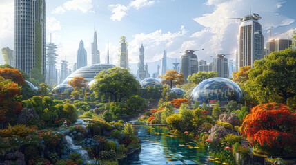 Poster - A futuristic city with a river running through it and a lot of trees. The city is filled with green buildings and domes