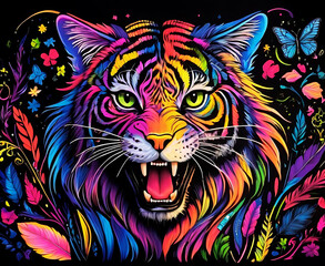  vivid tiger  face with flowers and butterfly's and a black background