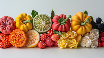 Wall Mural - A colorful assortment of fruits and vegetables, including oranges, lemons, strawberries, and tomatoes, are arranged in a row. Concept of freshness and abundance, showcasing the vibrant colors