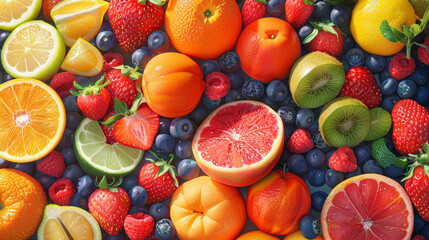 Sticker - A colorful assortment of fruits including oranges, kiwis, and strawberries