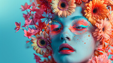 Wall Mural - A woman with a flower crown on her head and a colorful makeup. The woman is wearing a pair of glasses and has a red lipstick. The image has a vibrant and colorful mood, with the flowers