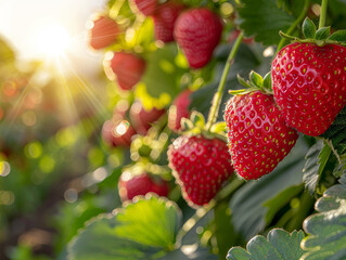 Poster - A bunch of red strawberries hanging from a plant. The sun is shining on them, making them look even more vibrant and delicious