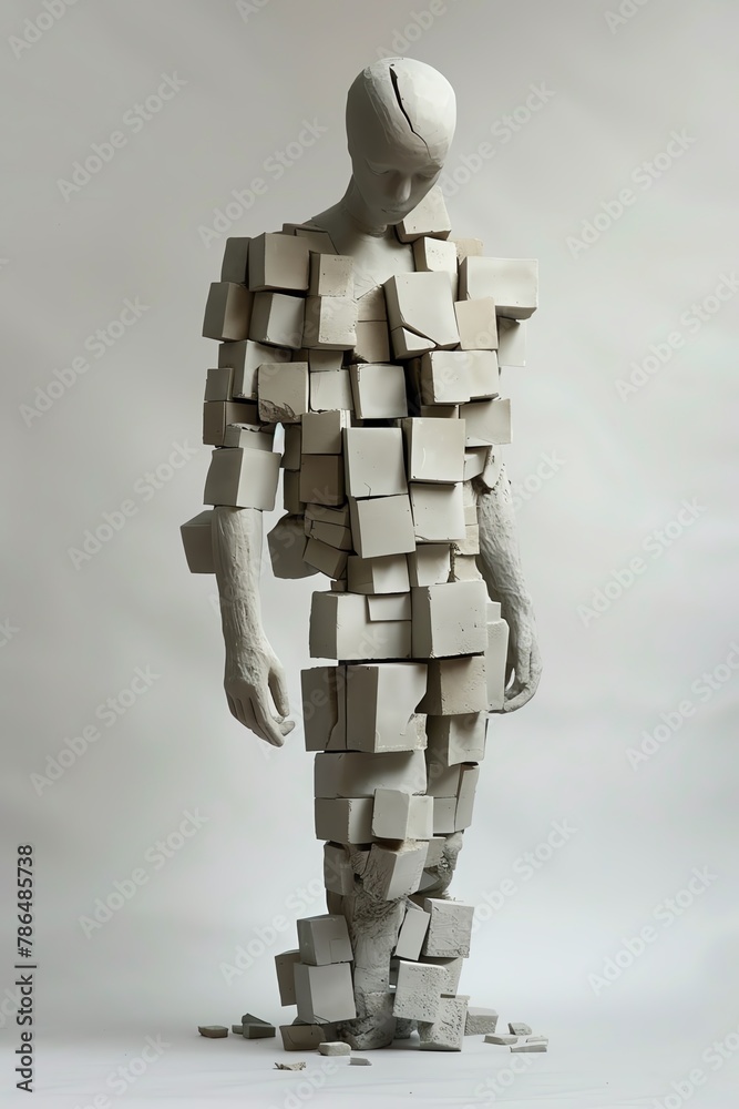 Design a clay sculpture depicting a humanoid figure constructed from cubes of different sizes Sculpt the cubes to represent distinct body parts in a visually appealing and abstract manner Ensure the p
