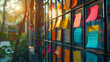 A window with colorful sticky notes