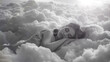 Hübsche Frau liegt schlafend in Wolken in schwarz weiß, ai generativ