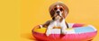 Beagle in sunglasses and hat on inflatable ring on a pastel yellow background, summer vacation concept banner , in the minimalistic style, stock photo, simple composition, natural light