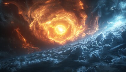 Wall Mural - a space scene with a large orange sun in the center and a blue sky with clouds by ai generated image