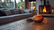   A lit candle atop a wooden table, before a living room with furniture and fireplace