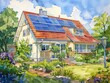Illustrate a serene neighborhood scene featuring a Danish house, emphasizing the back view Highlight the eco-friendly essence through watercolor techniques, portraying the solar panels with a soft, et