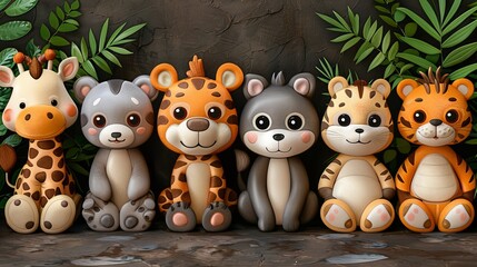 Poster -   A collection of plush toys seated together before a wall adorned with vegetation