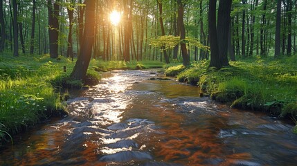 Wall Mural -   In a wooded area, a stream runs, its waters transparent as the sun's rays penetrate and dance among tree limbs