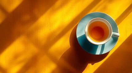   A cup of tea on a blue saucer atop a yellow table, adjacent to a yellow wall