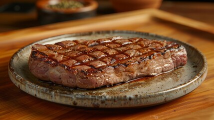 Wall Mural -   A steak atop a plate on a wooden table, nearby sits a potted plant