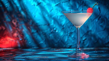 Sticker -   A Martini glass, filled with clear liquid, holds a single cherry at its edge Behind it, a blue and red wall is visible as a backdrop