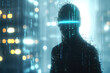 Cyber Guardian A lone figure with glowing code for a face stands guard in a digital world, symbolizing protection in the cyber age