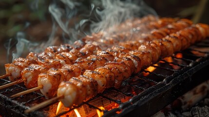 Sticker -   A tight shot of skewers over a grill, smoke rising from their tops