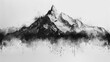   A black-and-white mountain painting, splattered with paint on its sides, culminates in a summit shrouded in black and white