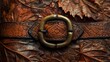   A tight shot of a brown leather belt atop a textured, green leafy surface, its metal buckle contrasting against the intricate, veiny pattern of the leaves