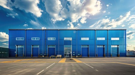 Big modern building for storage or logistics centre. Blue sky in the background.