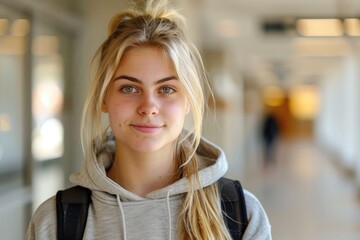 Wall Mural - Smiling blonde college student looking at the camera at the University corridors