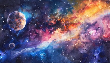 Canvas Print - A painting of a colorful galaxy with a large planet in the center by AI generated image