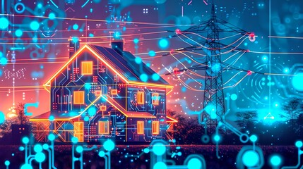 Aufkleber - Futuristic Smart Home Concept with Digital Network Overlay. Illustrative Modern House with Connectivity Features. Home Automation Technology. AI
