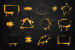 Gold spray frames. Golden ink airbrush boarders, square round text box frame rough glitter brush splatter effect paintbrush texture street graffiti badge stain vector illustration