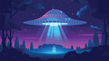 Ufo In The Night Sky Abducts Ghost. Flying Saucer. Vec