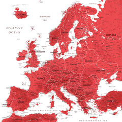 Sticker - Europe - Highly Detailed Vector Map of the Europe. Ideally for the Print Posters. Ruby Red Colors. Relief Topographic