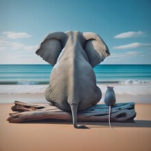 An Elephant Is Seated On A Large Piece Of Driftwood On A Sandy Beach, Facing The Turquoise Sea