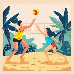 An energetic beach volleyball game in full swing, with two female athletes leaping for the ball, showcased in a sunny, sandy beach setting..