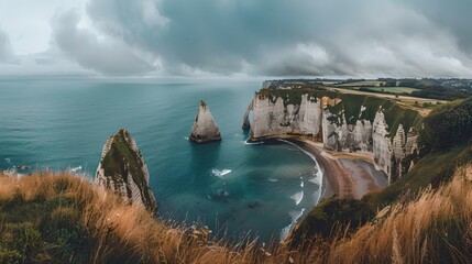 Wall Mural - Scenic Coastal Landscape with Dramatic Cliffs and Lush Greenery. Serene Seaside View for Travel and Nature Themes. Peaceful Outdoor Escape. Idyllic Nature Photography. AI