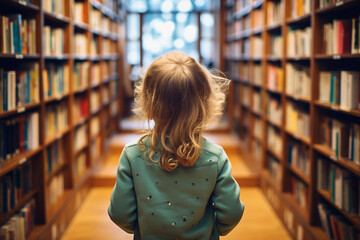 Wall Mural - Cute girl studying literature in library pile of books textbooks generated by AI