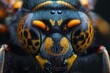 A closeup of an arthropods head, with orange eyes. This insect, a wasp, belongs to the class of invertebrates and is known as a pest to many terrestrial animals