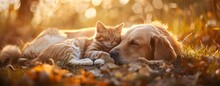 Adorable Ginger Cat And Dog Resting Outdoors. Sweet Ginger Cat And Dog Enjoying Nature Together