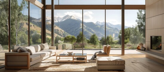 Expansive windows capture breathtaking mountain vistas, blurring indoor-outdoor boundaries. 