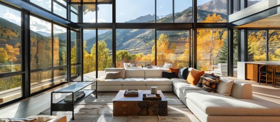 Expansive windows capture breathtaking mountain vistas, blurring indoor-outdoor boundaries. 