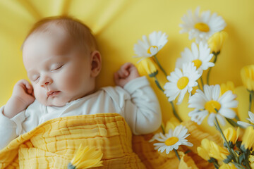 Happy childhood concept. Beautiful baby sleeping on yellow pillow with a bouquet of camomiles and marigolds. Close up indoor shot