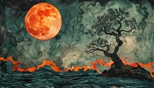 A Large Orange Moon Sets Over A Dark Sea. A Lone Tree Stands On The Shore, Its Branches Reaching Out Towards The Moon. The Sky Is Dark And Stormy, And The Waves Are Crashing Against The Shore.