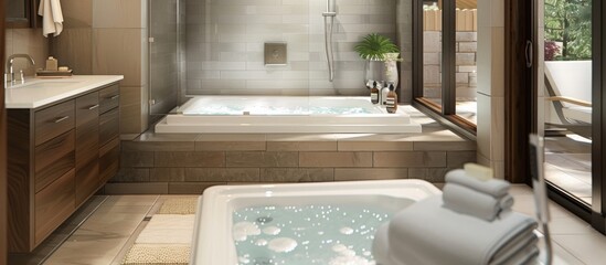 Wall Mural - Luxurious bathrooms feature soaking tubs, walk-in showers, and heated floors for ultimate comfort. 