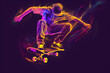 Yellow purple neon skateboarder 360 flip isolated on black background.