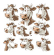 Cow cartoon avatars vector set. Funny horned herbivorous spotted farm cattle hoofed artiodactyla different angles cute positive emotions animal character, highlighted illustrations on white background