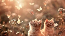 Two Kittens Looking At Butterflies In A Field Generative AI.