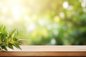 Wall Mural - Empty Wooden Table, Blurry Bokeh Green Natural Background. Autumn Spring Morning, Soft Light, Product Display, Ads Banner