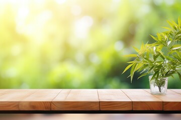 Wall Mural - Empty Wooden Table, Blurry Bokeh Green Natural Background. Autumn Spring Morning, Soft Light, Product Display, Ads Banner